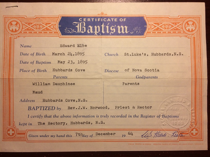 Edward Elbe Dauphinee's (Hilda Duncan's Father) <br> Certificate of Baptism from May 23, 1895.