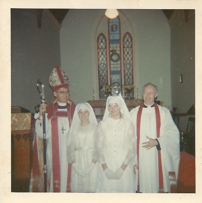 Confirmation Service at St. Marks, Mill Cove<br>with Bishop Arnold (far left) and Rev. Hebb (far right).<br>Picture taken between 1967-1970.